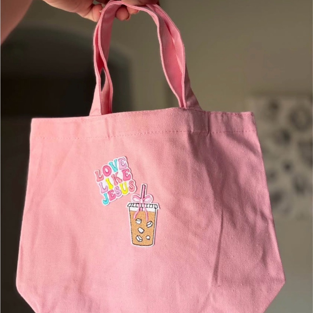 Pink Canvas Tote with 'Love Like Jesus' & coffee Patch